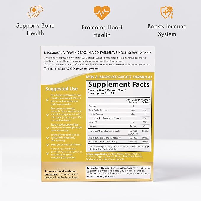 Aurora Nutrascience, Mega-Liposomal Vitamin D3/K2+ with Vitamin C, Organic Fruit Flavor, Gluten Free, Non-GMO, 32 Single Serve Packets, 21.7 oz (640 mL)