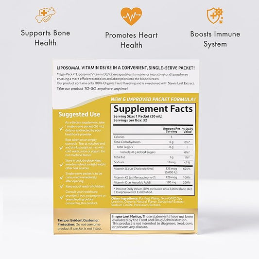 Aurora Nutrascience, Mega-Liposomal Vitamin D3/K2+ with Vitamin C, Organic Fruit Flavor, Gluten Free, Non-GMO, 32 Single Serve Packets, 21.7 oz (640 mL)