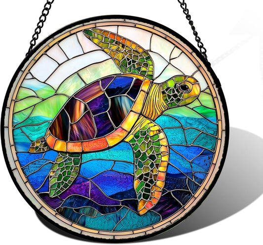 Stained Glass Window Hanging, Colored Turtle Ocean Suncatcher Diamond Glass Panel Hangings Marine Life Sun Catchers Decor for Birthday for Women, Men, Wife, Aunt, Mom 15x15 in