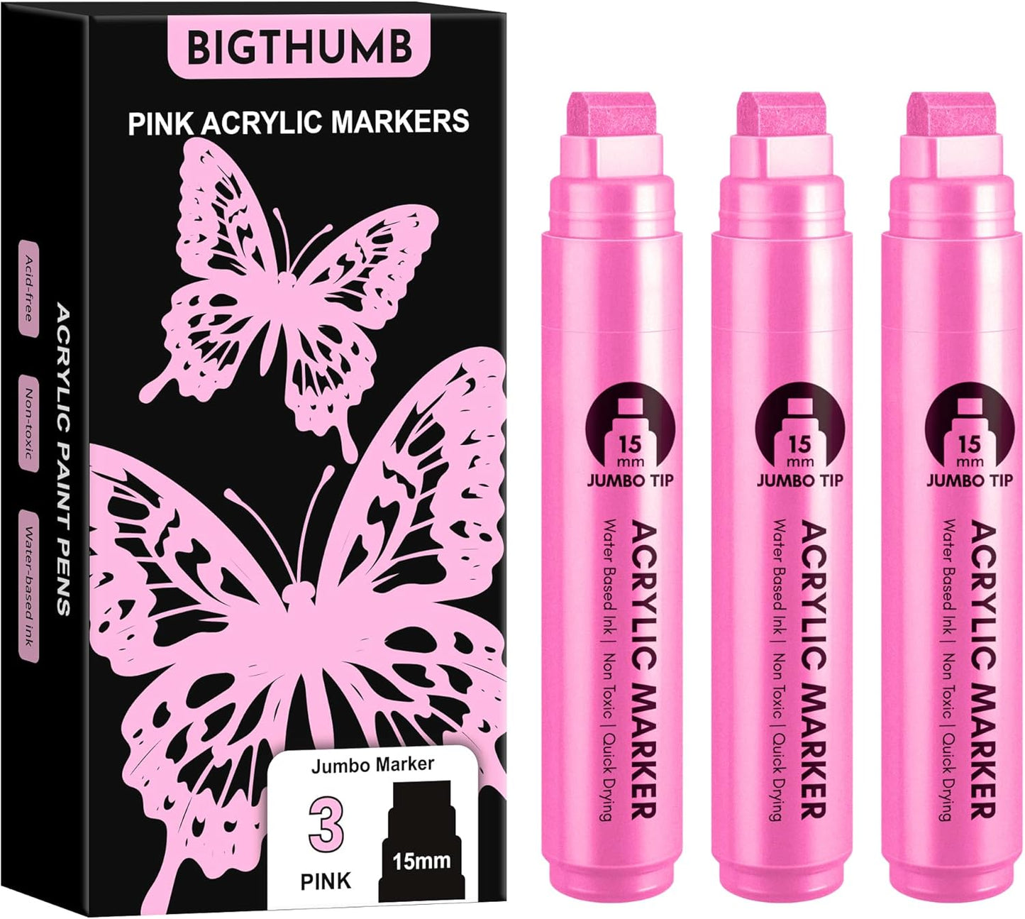 3 Pcs Pink Jumbo Permanent Markers: 15mm Wide Tip Thick Acrylic Paint Pen Large Calligraphy Marker for Rock Painting, Poster, Sign, Canvas, Glass, Wood, Ceramic