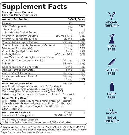 Sakoon nutrition Men's Multivitamin Gummies with Probiotics and Prebiotics, Adult Multivitamin A, C, D, E, B & More, Support Immune, Energy, Health, 60 Count