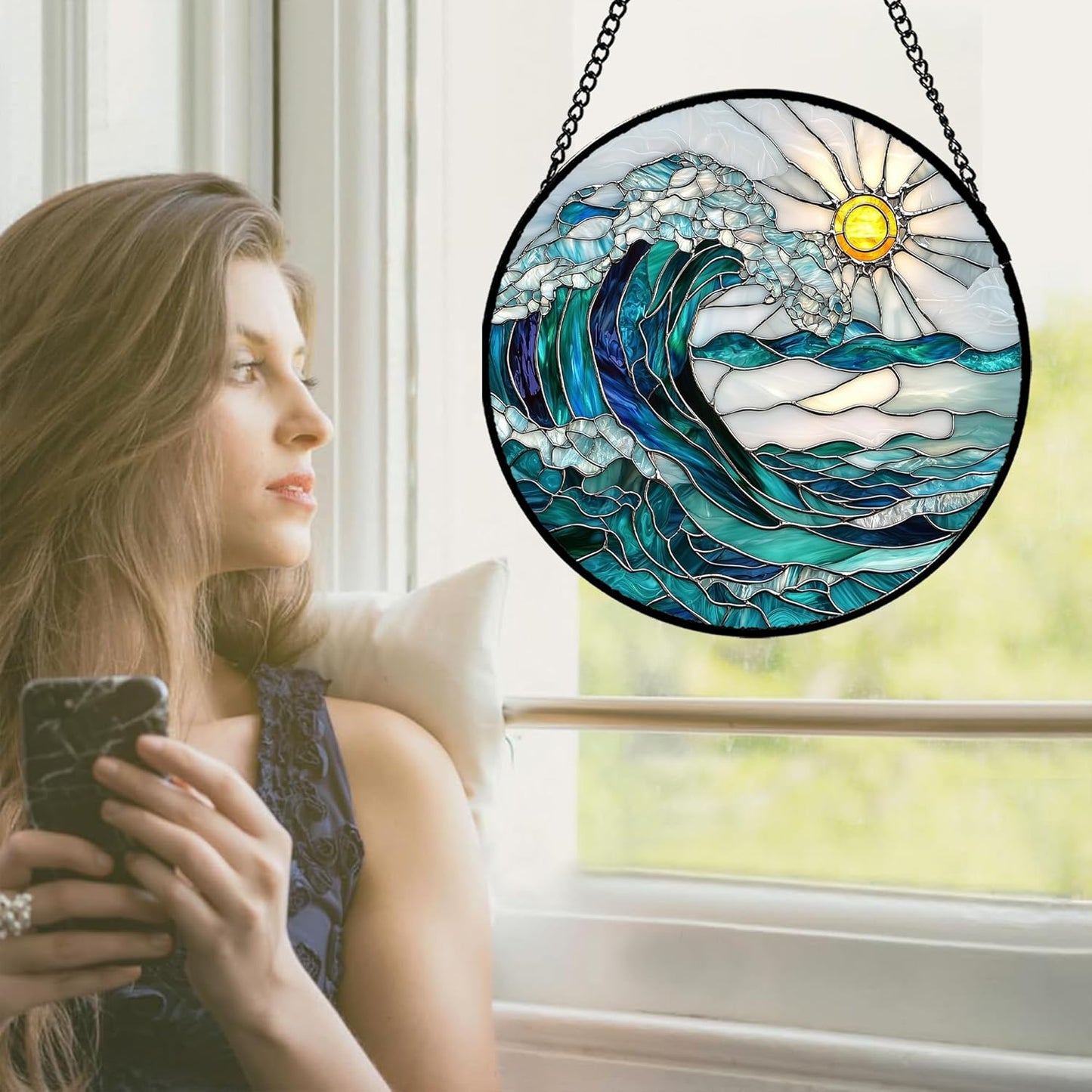 Stained Glass Window Hanging - Blue Green Waves Suncatcher for Door Terrace Garden Home Decor Sunrise Over The Sea Sun Catcher Birthday Gifts for Lovers Women Men Dad Mom Nana7.8 in