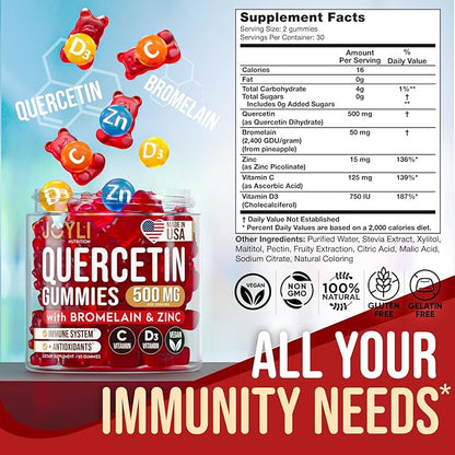 JOYLI Quercetin Gummies - Quercetin with Bromelain Zinc Vitamin C & Vitamin D3 - Quercetin Supplement 500MG for Immune System & Allergy - Quercetin for Kids and Adults - 60 Quercetin Chewable