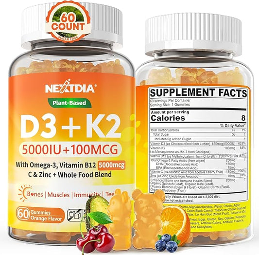 Vitamin D3 K2 Gummies 5000IU / 10,000 IU with Omega-3 250mg+K2(MK-7) 100mcg -5X Absorption Than Standard D3K2,with Vitamin C,Zinc,and 5 Organic Vegetables,Supports Bone & Teeth Strength, Immune,1 Pack