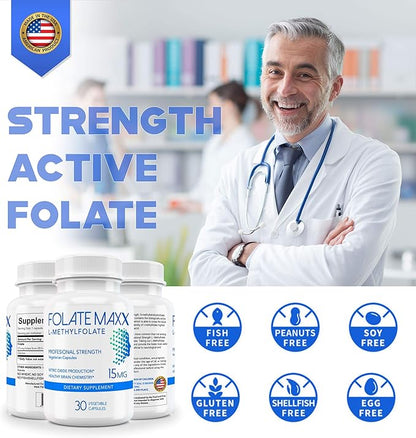 L-Methylfolate 15mg - 30 Capsules - Professional Strength Active Methyl Folate - 5-MTHF Supplement for Men & Women - Non GMO, Gluten Free, No Fillers