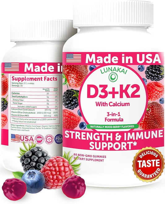 Lunakai USA Made Vitamin D3 K2 Gummies with Calcium for Women, Men & Kids - 3-in-1 Supplement for Wellness and Immune Support, Vegan 60ct