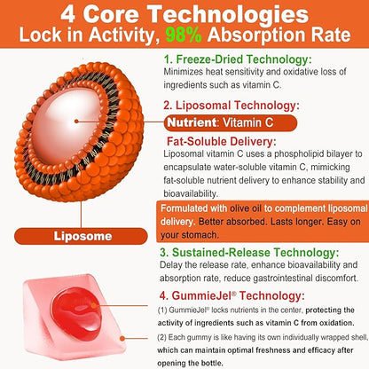 Liposomal Vitamin C 1000mg Filled Gummies for Adults & Kids 9+, 1660mg Blend w/Echinacea, Elderberry, D3, Zinc, Iron, Bioflavonoid, Astaxanthin, Natural Organic Chewable Vitamin C, Sugar Free, 2Pack