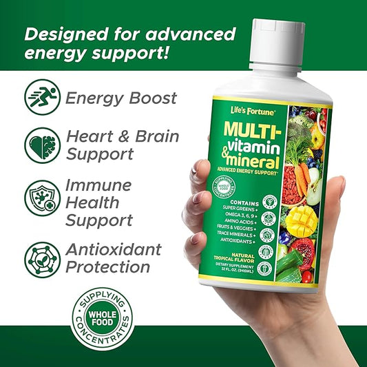 Life's Fortune Liquid Multivitamin for Adults Men & Women, Teens – High Absorption Daily Vitamins – Trace Minerals, Amino Acids with Biotin, L-Arginine, Potassium – Tropical Flavor, Sugar Free, 32 oz