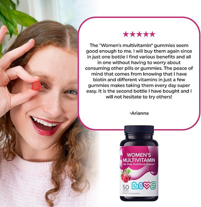 Women's Multivitamins Gummy Vitamin - Multivitamin for Women, Gummy Vitamins, All-Natural, Gluten-Free, Non-GMO, Womens Vitamins Gummies - Strawberry, Cherry, & Raspberry Flavored, 50 Count