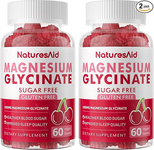 Magnesium Glycinate Gummies 1000mg - Sugar Free Magnesium Potassium Supplement with Vitamin D, B6, CoQ10 for Calm Mood & Sleep Support - 120 Cherry Gummies -2 Pack