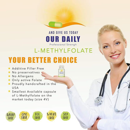 Our Daily Vites L-Methylfolate 1mg / 1000 mcg Maximum Strength Active Folate, 5-MTHF, Filler Free, Gluten Free, Non-GMO, Vegetarian Capsules 90 Count (Pack of 1)