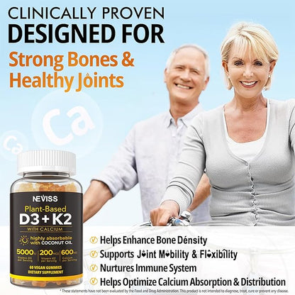 Vitamin D3 5000iu & K2( as MK7 ) 200mcg Gummies + 600mg Calcium, with Coconut Oil for High Absorption, Maximum Strength Vitamin D3 K2 Supplement - Support for Bones Muscle Teeth Immune, Vegan 60 Count