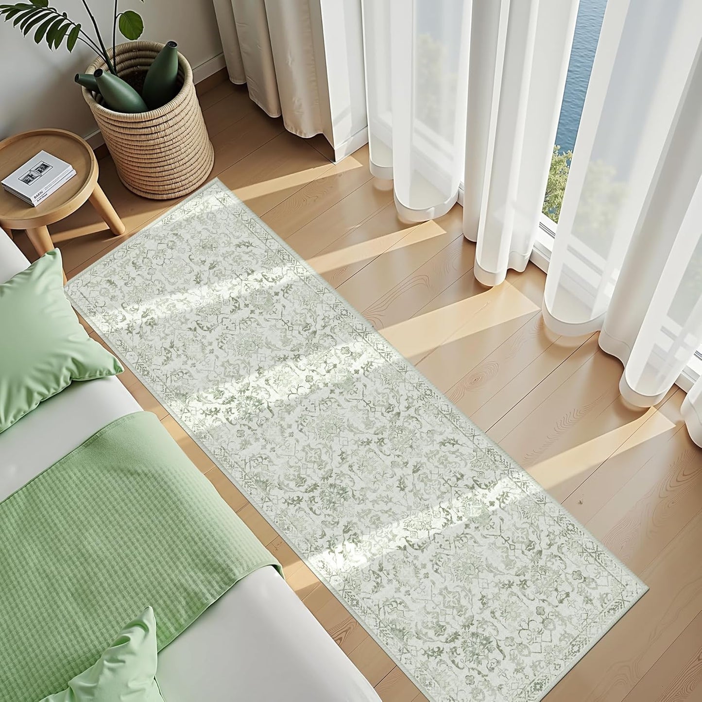 Sage 3x10 Runner Rug for Hallways Bed Side Kitchen, Boho Washable Distressed Low-Pile Floor Entryway Long Bathroom Mat, Non-Slip Laundry Room Washstand Front Carpet Green 36x84 Inch