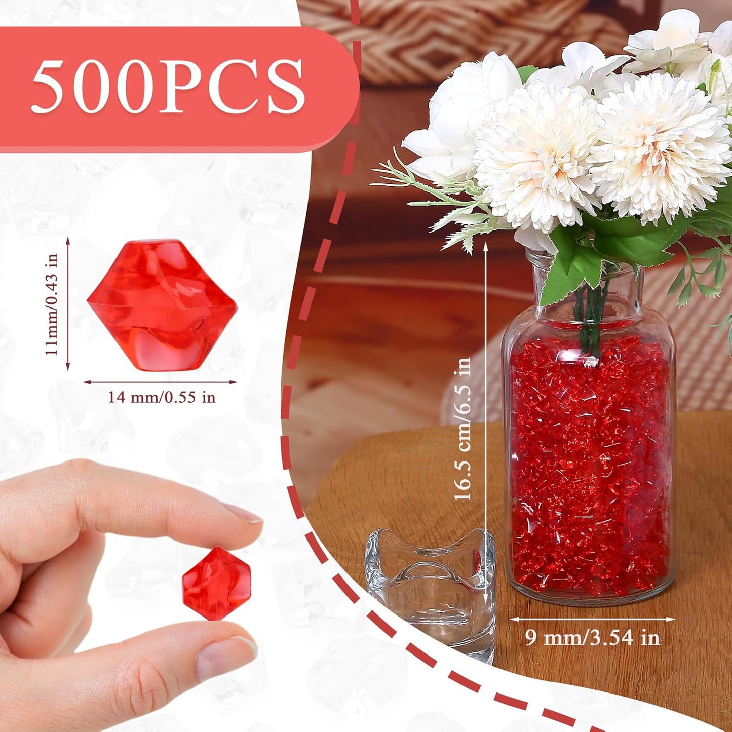 LAIDANLA 500PCS Red Acrylic Gems Vase Fillers Red Fake Ice Cubes Plastic Diamonds Fake Crushed Rocks for Centerpiece DIY Party Table Scatter Prop Wedding Decoration Accessories