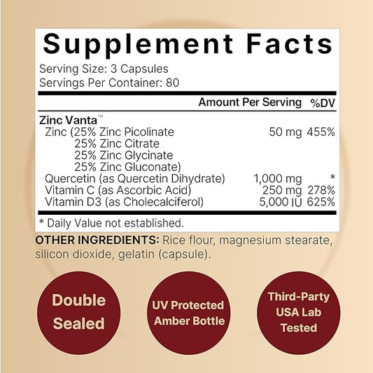 NatureBell Zinc Quercetin with Vitamin C & D3, 240 Capsules | Quercetin 1,000mg + Zinc 50mg + Vitamin C 250mg + Vitamin D3 5,000 IU | 4-in-1 Advanced Immune & Lung Support | ZincVanta Formula