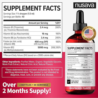 (4 Pack) Vitamin B12 and B6 Liquid Drops, B12 Sublingual Vitamin B Complex - B 12 Vitamin 5000mcg - B12 Methylcobalamin for Energy, Brain, and Heart Support with 27,200 mcg, Raspberry, 80 Servings