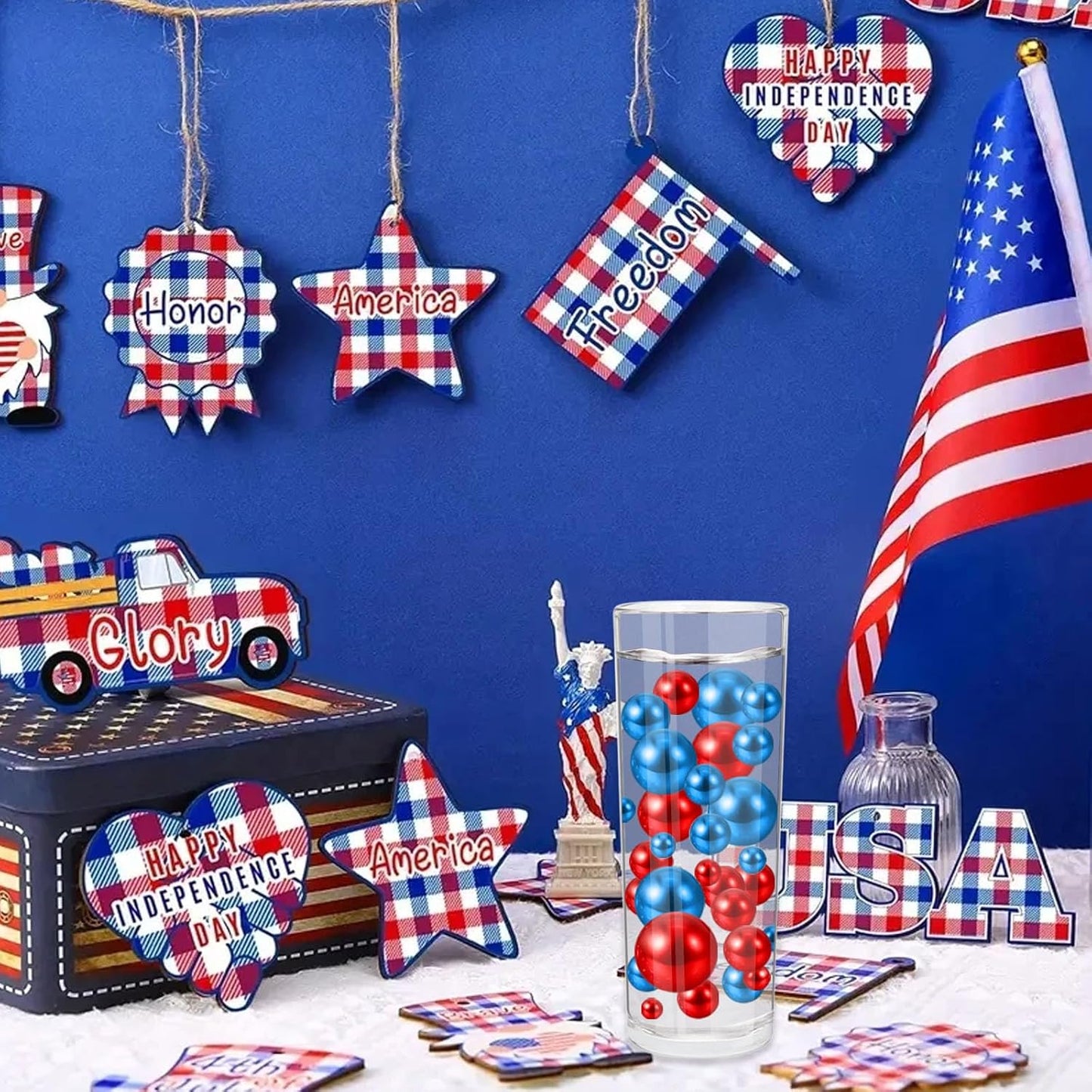 100PCS Red Blue Faux Pearls Beads for Centerpiece Vases, Vase Filler Faux Pearls, No Holes Filler Beads for Independence Day Party Anniversary Fourth of July Table Decor, 14/20/30mm