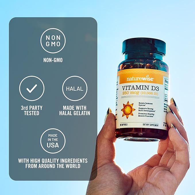 NatureWise Vitamin D3 10,000IU (250 mcg) 30-Day Supply - High Potency for Healthy Immune Support & Muscle Function, Non-GMO, Gluten-Free in Organic Extra Virgin Olive Oil, (Mini Softgel), 30 Count