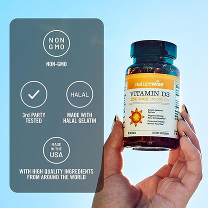 NatureWise Vitamin D3 10,000IU (250 mcg) 30-Day Supply - High Potency for Healthy Immune Support & Muscle Function, Non-GMO, Gluten-Free in Organic Extra Virgin Olive Oil, (Mini Softgel), 30 Count