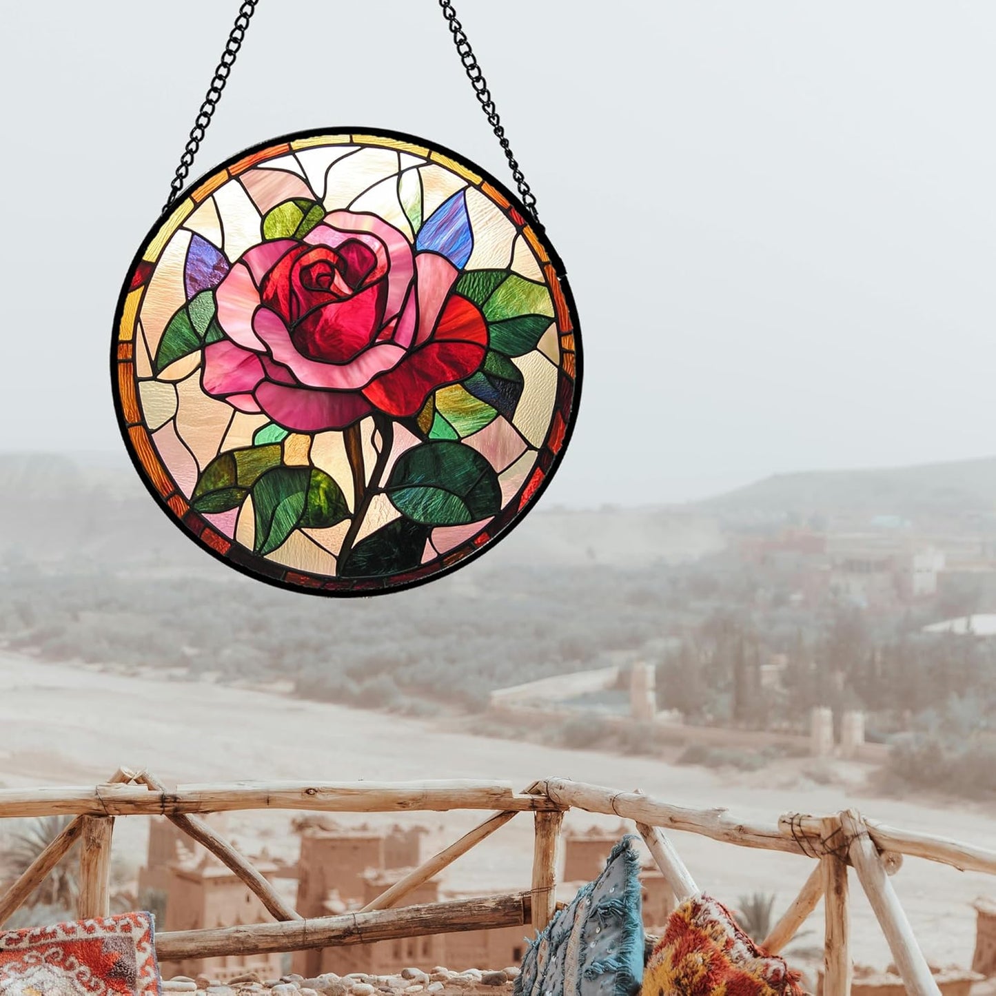 Stained Glass Window Hanging - Pink Rose Suncatcher for Door Garden Home Decor Birth Flower Sun Catcher Christmas Birthday for Friend Lovers Women Mom Nana 9.8 in