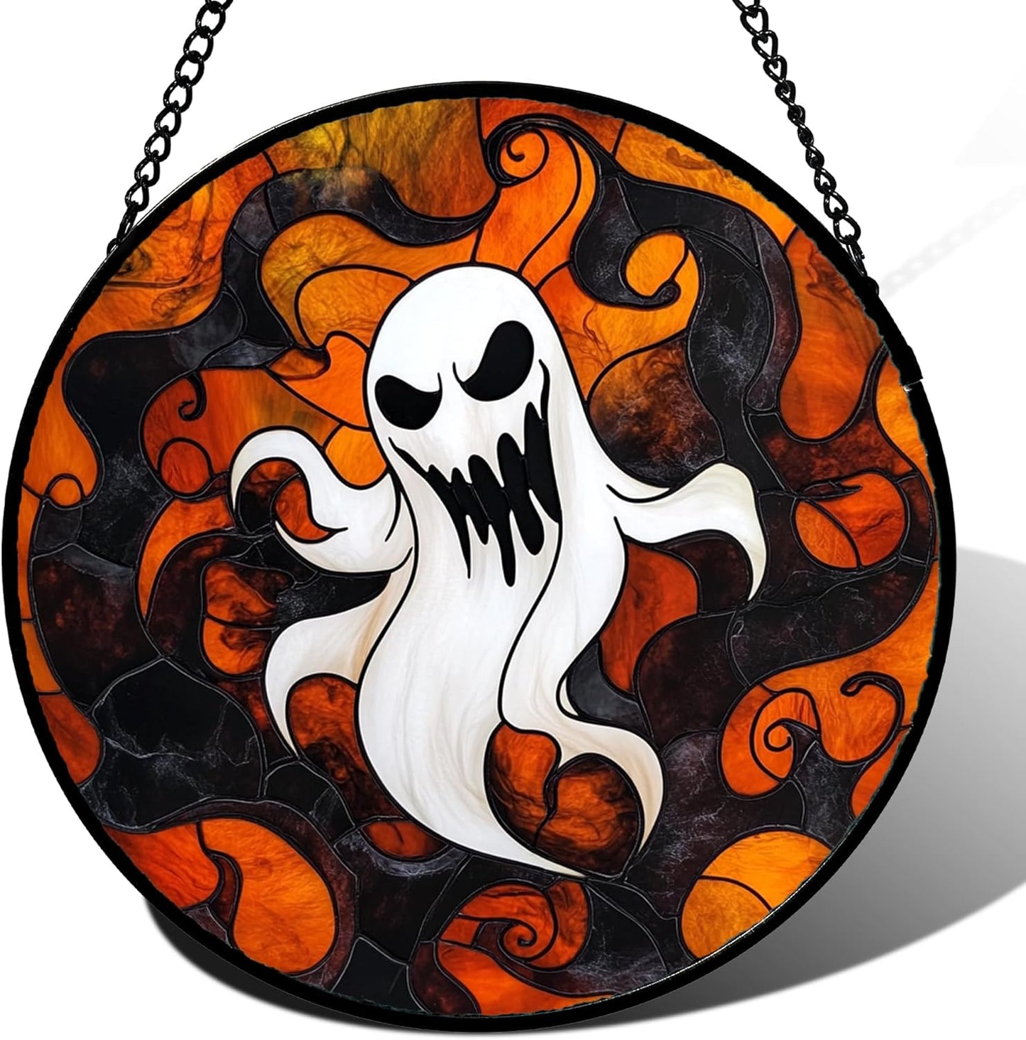 Stained Glass Window Hanging - Halloween White Ghost Suncatcher for Doors Window Garden Indoor Spooky Funny Orange Sun Catchers Gothic Decor Horror Gifts for Women Men Friend 9.8 in