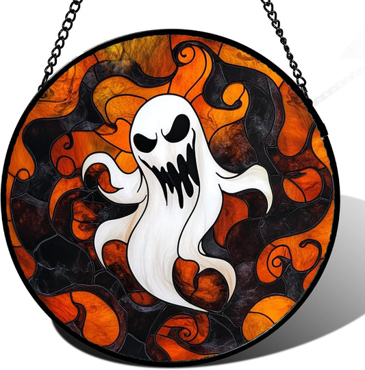 Stained Glass Window Hanging - Halloween White Ghost Suncatcher for Doors Window Garden Indoor Spooky Funny Orange Sun Catchers Gothic Decor Horror Gifts for Women Men Friend 15 in
