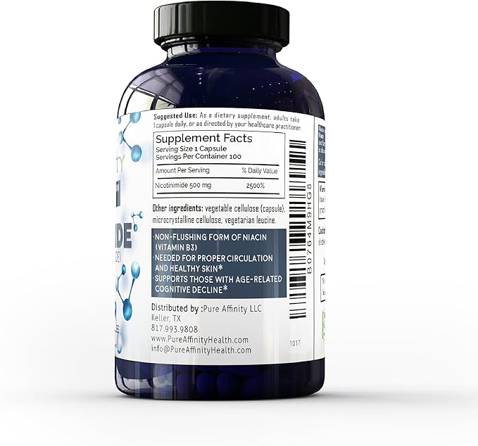B3 Nicotinamide 500 mg Effective Flush-Free Niacin. Energy Booster, Cell Regenerator, That Supports Cognitive Decline, Anti-Aging and Helps Breaks Down Carbs & Fats (100 Count)