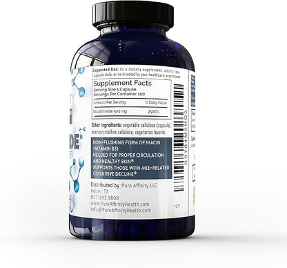 B3 Nicotinamide 500 mg Effective Flush-Free Niacin. Energy Booster, Cell Regenerator, That Supports Cognitive Decline, Anti-Aging and Helps Breaks Down Carbs & Fats (100 Count)