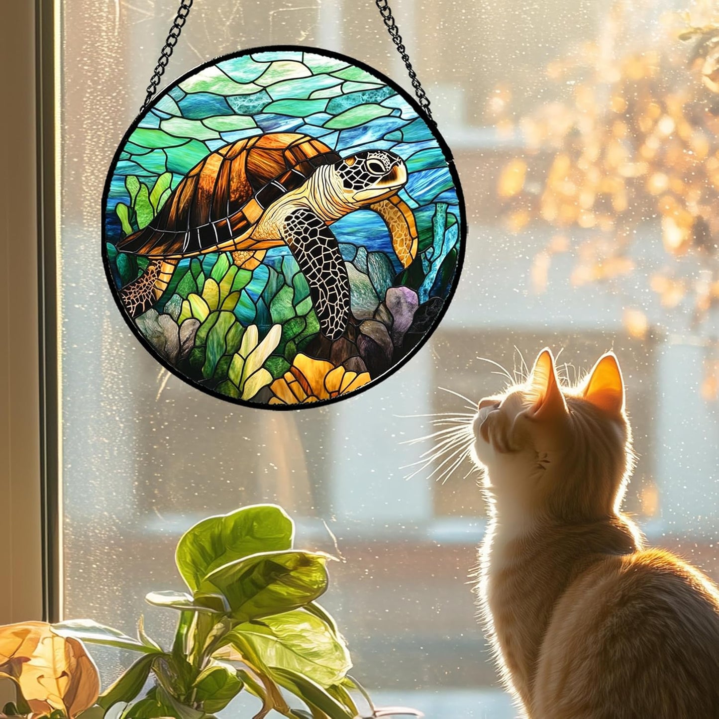 Stained Glass Window Hanging - Cute Sea Turtle Suncatcher for Door Garden Yard Blue Ocean Sun Catchers Decor Christmas Mother's Day Birthday Children's Gifts for Women Mom Nana Friend 11.8 in
