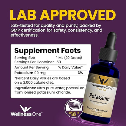 WellnessOne Ionic Potassium Supplement - Potassium Chloride Drops for Fast Absorption - Boost Immune System & Muscle Function - USA Tested, Vegan, Non-GMO, Gluten Free, Unflavored, 1.67 fl oz