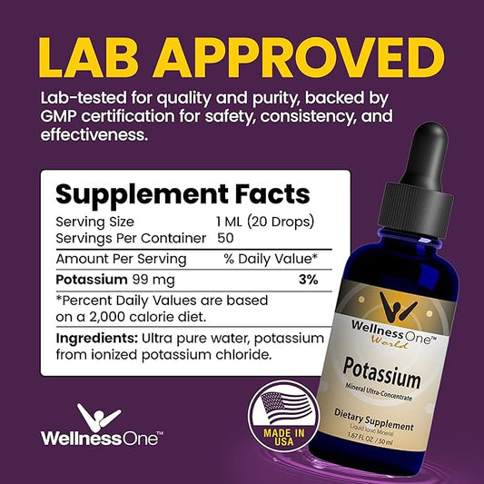 WellnessOne Ionic Potassium Supplement - Potassium Chloride Drops for Fast Absorption - Boost Immune System & Muscle Function - USA Tested, Vegan, Non-GMO, Gluten Free, Unflavored, 1.67 fl oz