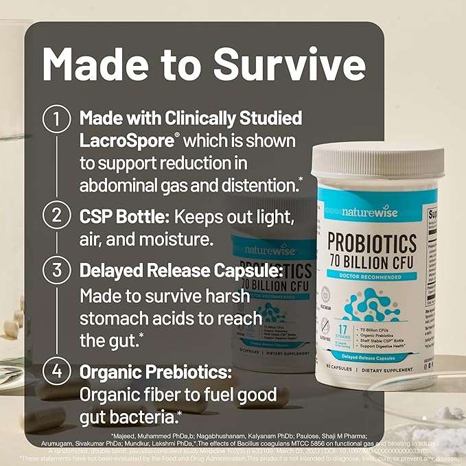 NatureWise Probiotics 70 Billion CFU - 17 Strains + Organic Prebiotics - Immune, Digestive & Gut Health Support for Women & Men - Vegetarian, Gluten-Free, Non-GMO - 60 Capsules[2-Month Supply]