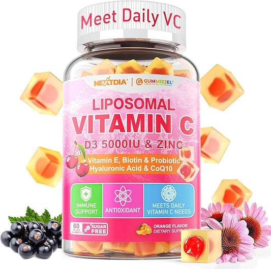 Liposomal Vitamin C 1000/200mg + D3 5000IU Zinc Gummies, Elderberry Echinacea for Immune, Folate, Hyaluronic Acid, Copper, VE for Beauty, CoQ10 Energy, Overall Health, Sugar Free, Chewable, Natural