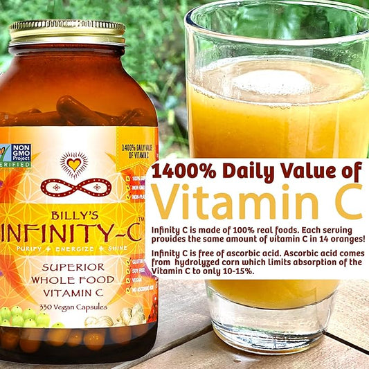 Infinity-C Organic Vitamin C Capsules, Bioavailable VIT C from Acerola, Camu Camu & Amla, Whole Food Vitamin C 1000mg, Immune Support Superfoods, Shilajit, Astragalus Root & Ginger (30 Servings)