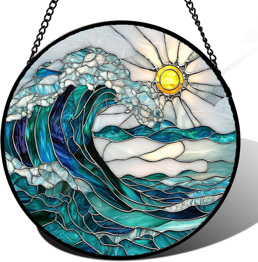 Stained Glass Window Hanging - Blue Green Waves Suncatcher for Door Terrace Garden Home Decor Sunrise Over The Sea Sun Catcher Birthday Gifts for Lovers Women Men Dad Mom Nana 15 in