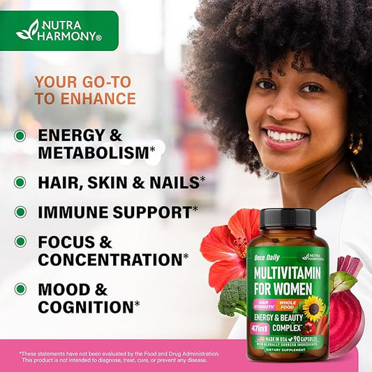 Multivitamin for Women - B-Complex | Whole Foods | Hair Growth Support | Digestion & Metabolism | Iron - 47in1 Womens Multivitamin - Bioavailable & Gentle on Stomach - Made in USA - 90 Capsules