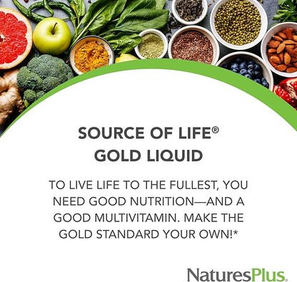 Natures Plus Source of Life Gold Multivitamin Liquid - 8 oz - with Vitamins D3, B12 & K2 - Blood, Bone & Immune Support - Vegetarian & Gluten Free - 8 Servings
