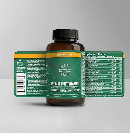 Primal Harvest 2 Pack, Multivitamin for Women and Men Vitamin A, Vitamin C, Vitamin D and E, Vitamin B12, B6, Biotin, Zinc Supplements, 60 Capsules