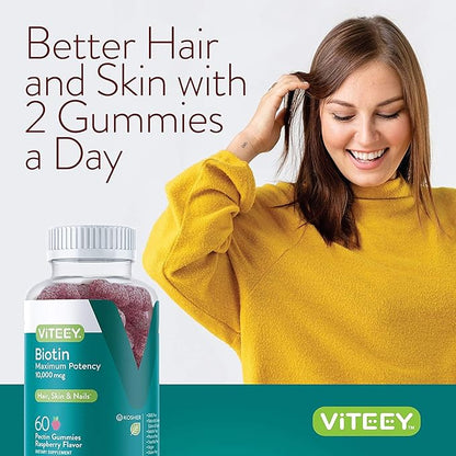 Viteey Biotin Gummies for Hair Skin and Nails - Biotin for Hair Growth Gummies - 10,000 mcg - Vegan, Gluten-Free, Non-GMO – 60 Count