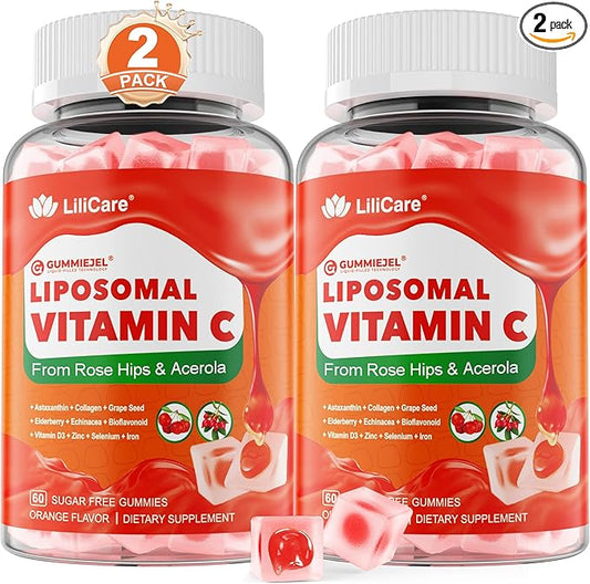 Liposomal Vitamin C 1000mg Filled Gummies for Adults & Kids 9+, 1660mg Blend w/Echinacea, Elderberry, D3, Zinc, Iron, Bioflavonoid, Astaxanthin, Natural Organic Chewable Vitamin C, Sugar Free, 2Pack