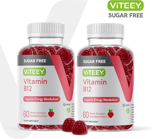 Viteey Vitamin B12 Gummies for Adults & Teens 1000mcg, Sugar Free - Good for Energy, Metabolism, Natural Energy Support - Vegan, Gelatin Free, Gluten Free, GMO Free - Chewable Strawberry Flavored