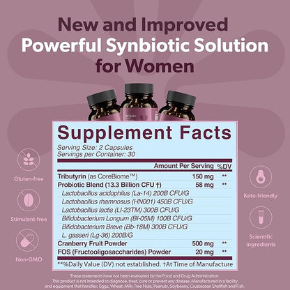 BIOMA Feminine Health Synbiotic - Women's Health Supplement for Healthy Vaginal pH, Urinary Tract & Digestive Support - with Probiotics, Cranberry & Tributyrin - 60 Capsules (30-Day Supply)