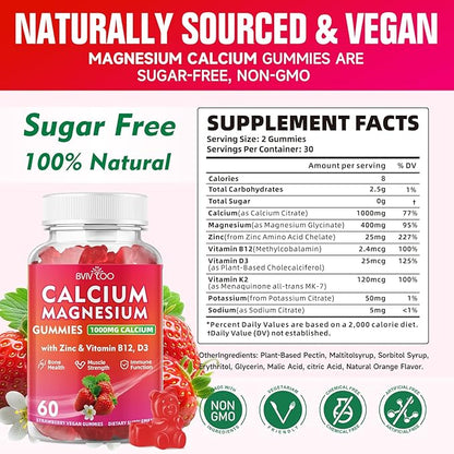 Calcium Gummies 1000mg with Vitamin D3 K2 & B Complex, Potassium, Calcium Magnesium Zinc Gummies for Bone, Muscle, Mood and Immunity - Vegan, Non-GMO, Strawberry Flavor 60 Count