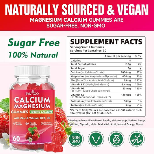 Calcium Gummies 1000mg with Vitamin D3 K2 & B Complex, Potassium, Calcium Magnesium Zinc Gummies for Bone, Muscle, Mood and Immunity - Vegan, Non-GMO, Strawberry Flavor 60 Count