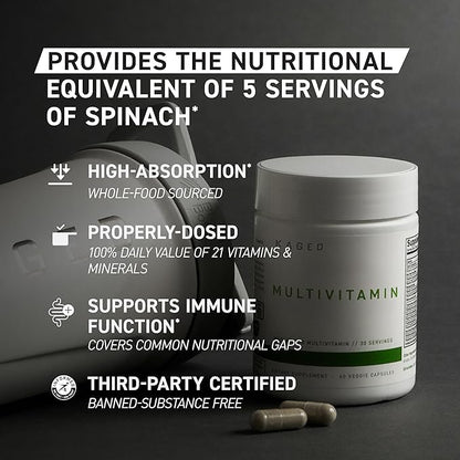 Kaged Multivitamin Capsules | Unflavored | Whole Foods Organic Fruits & Veggies | Plant Based Vegan Multivitamin | Vitamin C, D, E, B12 | Supplements for Men & Women | 30 Servings