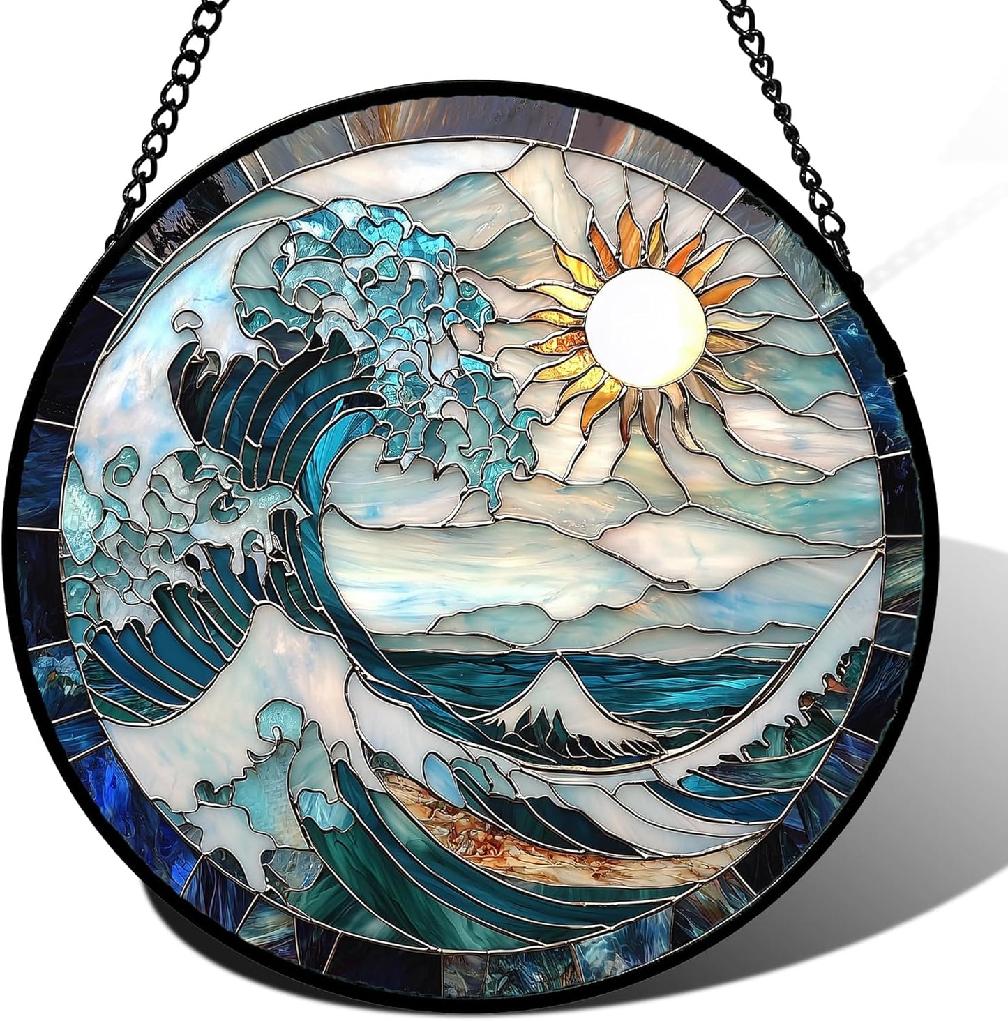 Stained Glass Window Hanging - White Sun Big Wave Suncatcher for Door Terrace Garden Home Decor Blue Ocean Landscape Sun Catcher Birthday Gifts for Lovers Women Men Dad Mom Nana 6.3 in