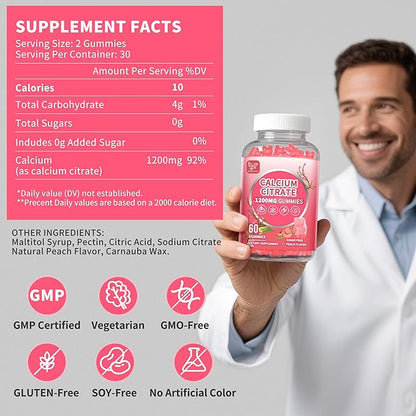 (2 Pack) Calcium Citrate 1200 mg Gummies for Women & Men,Calcium Supplements for Women,High Absorption for Bone Muscle Healthy - Easy to Digest, Sugar Free,Vegan,Peach Flavor,60 Day Supply