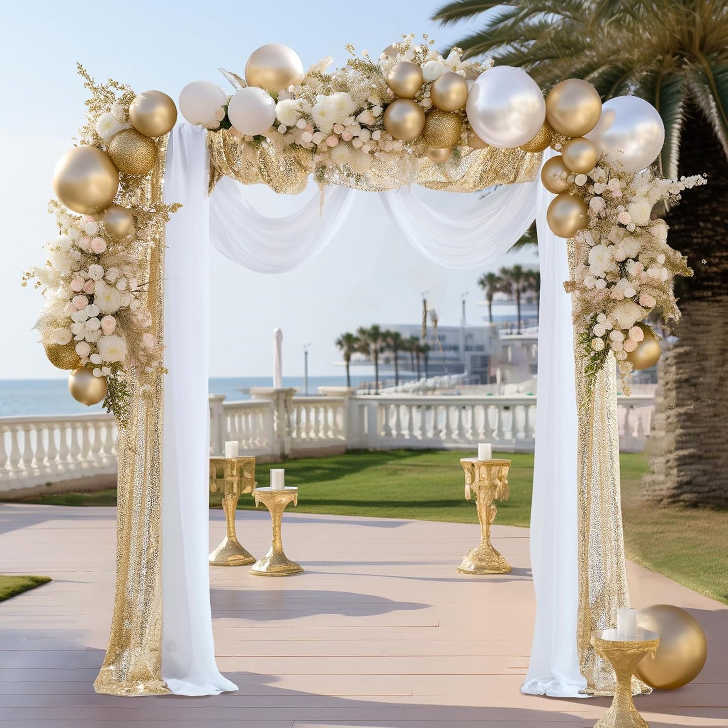 Wedding Arch Draping Fabric, 1 Panel 28" x19ft White Arch Drapes & 1 Panel 16" x19ft Champagne Sequin Fabric Drapes Arbor Backdrop Curtain for Wedding Arch Ceremony Bridal Shower Reception