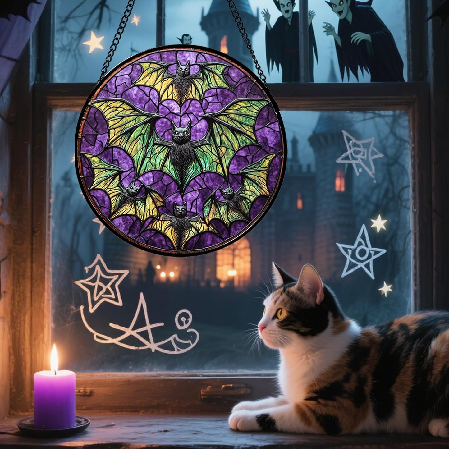 Stained Glass Window Hanging - Halloween Decorations Bats Suncatcher for Doors Garden Indoor Spooky Funny Purple Sun Catchers Gothic Decor Horror Gifts for Women Men Friend 7.8 in
