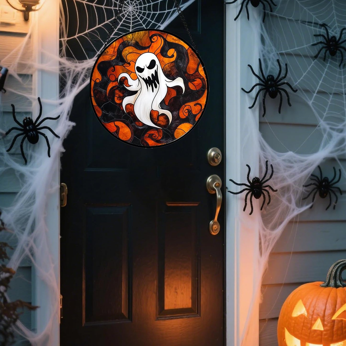 Stained Glass Window Hanging - Halloween White Ghost Suncatcher for Doors Window Garden Indoor Spooky Funny Orange Sun Catchers Gothic Decor Horror Gifts for Women Men Friend 11.8 in